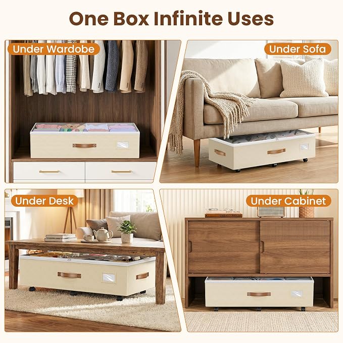 Budding Joy 80L 2 Pack Adjustable Under Bed Storage with Wheels, Beige | Underbed containers with clear lids, rolling underbed shoe storage organizer for dorm clothes, blankets, easy to install - Image 7