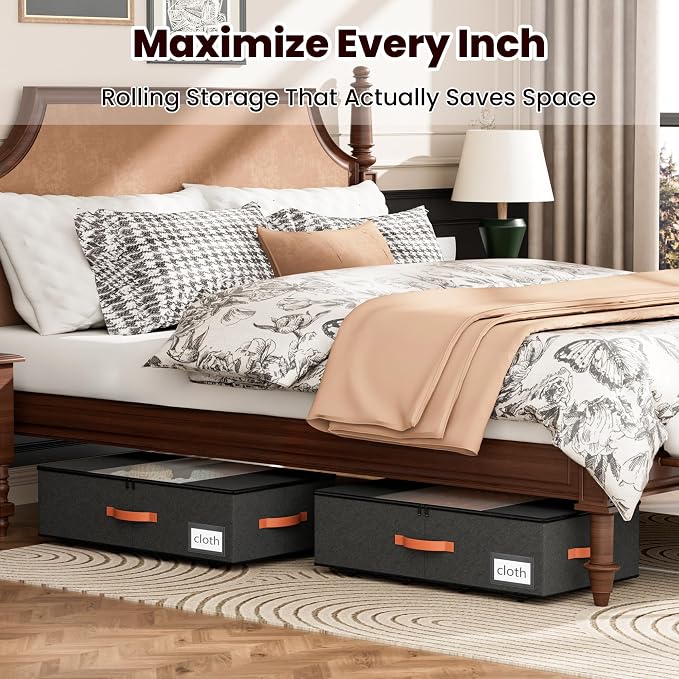 TOSKING 2-Pack Under Bed Storage Drawers with Wheels, 6 Vacuum Bags, 7.9" Height, Large 65L/80 lbs Clear Lid Rolling Bin, 900D Oxford, Space Saver for Dorm Bedroom, Blankets, Clothes, Shoes, Black - Image 2