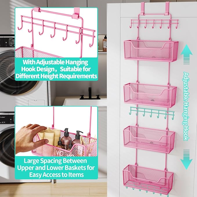 HapiRm Over Door Organizer Storage - Hanging Door Organizer with 4 Metal Large Capacity Baskets and Adjustable Coat Hook for Bathroom Bedroom Kitchen Pantry Closet Cabinet - Image 5
