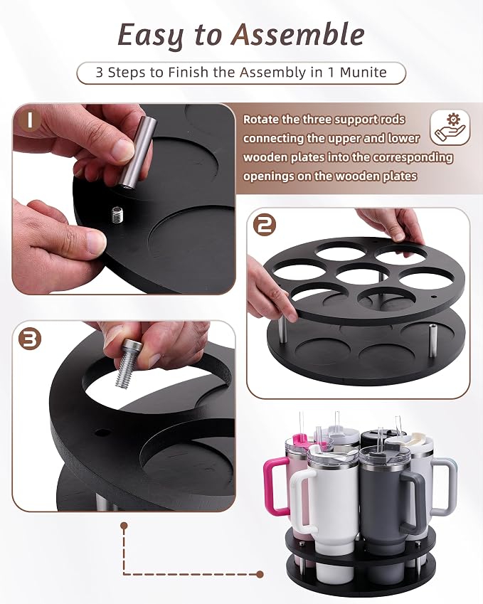 Rotating Wood Tumbler Organizer, 30 oz 40 oz Spinning Turnable Tumblers Holder, 360° Rotatable 7 Large Cups Bottle Tumbler Storage Display Stand, Rotate Syrup Organizer for Cabinet Countertop（Black） - Image 3