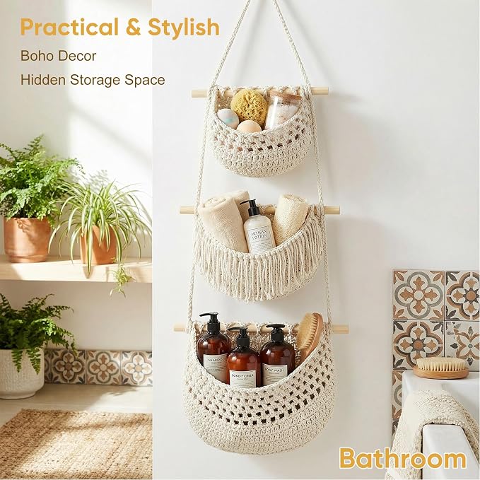 Macrame 3-Tier Hanging Wall Basket, Handwoven Jute Storage Organizer, Boho Decor for Kitchen, Bathroom, Living Room, Natural Cotton Rope Fruit Holder (Dark Gray) - Image 4