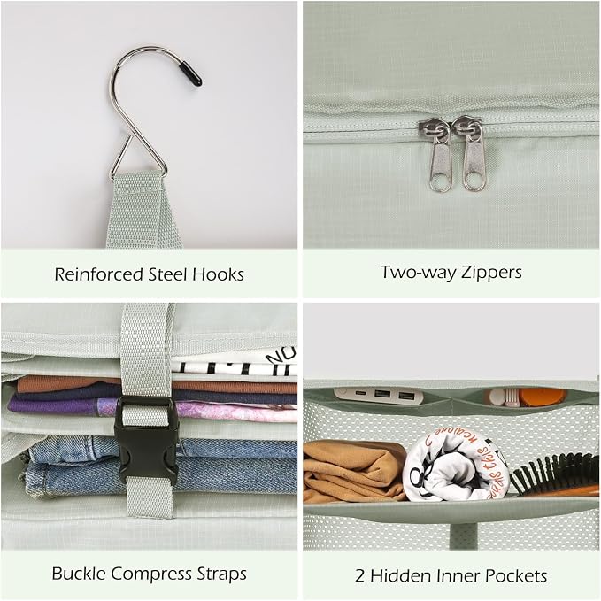 Surblue Hanging Closet Storage Bag Collapsible 3-Shelf Washable Oxford Fabric with 2 Hooks (L 11.41 * 11.41 * 19.68in, Light Gray) - Image 6