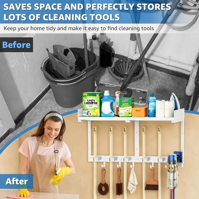 HUFAND Broom Holder Wall Mount, 27" Mop and Broom Organizer with Top Shelf - Image 4
