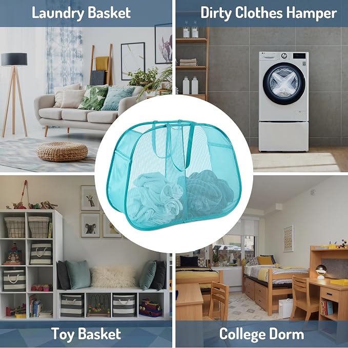 Seiritex Mesh Popup Laundry Hamper 2 Compartment, Collapsible Laundry Sorter Basket Foldable Hamper for Clothes, College Dorm, Travel (Turquoise Blue) - Image 6
