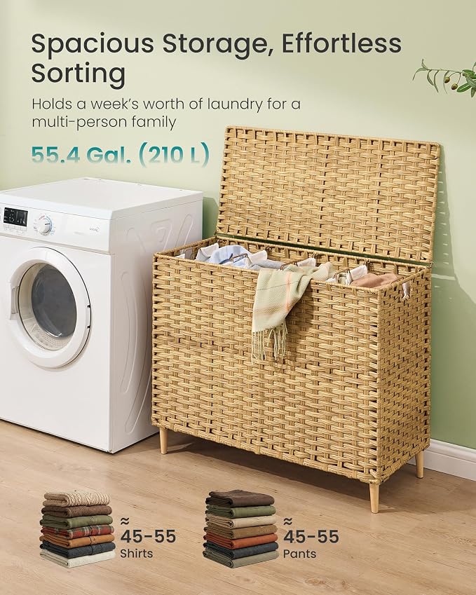 SONGMICS 4-SectionLaundry Hamper With Lid, PE Rattan, 55.5 Gallons (210 L) - Image 3