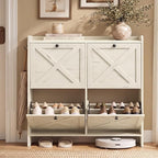 VASAGLE Narrow Shoe Storage Cabinet Organizer with 4 Flip Drawers | Freestanding Shoe Rack, Fits 16 to 24 Pairs, for Entryway, Farmhouse Style, Rustic White, HANIS Collection UHSC403WJ01S by VASAGLEbySONGMICSHOME