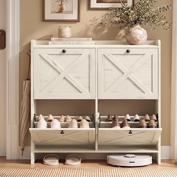 VASAGLE Narrow Shoe Storage Cabinet Organizer with 4 Flip Drawers | Freestanding Shoe Rack, Fits 16 to 24 Pairs, for Entryway, Farmhouse Style, Rustic White, HANIS Collection UHSC403WJ01S by VASAGLEbySONGMICSHOME