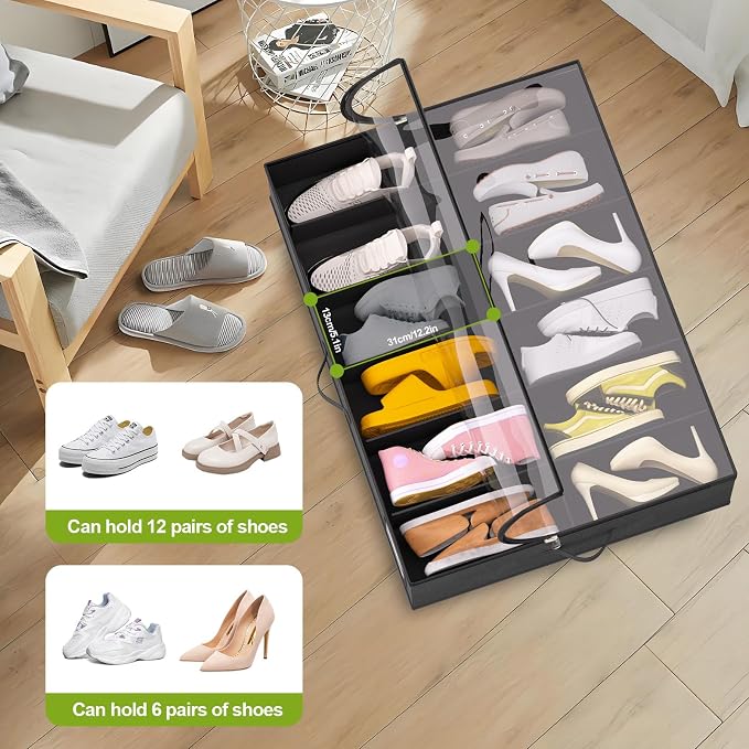 homyfort Under Bed Shoe Storage with Wheels, Fits 24 Pairs, Rolling Shoe Organizer with Bottom Support & Clear Lids, Sturdy Under Bed Storage Box for Shoes, Set of 2, Black - Image 4