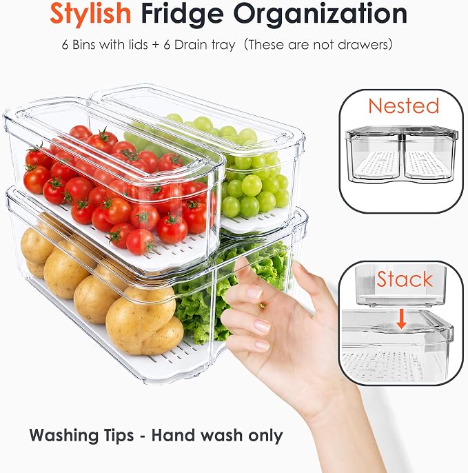 SMRCAD 6 Pack Clear Fridge Organizer Bins with Drain Trays - Stackable - Image 7