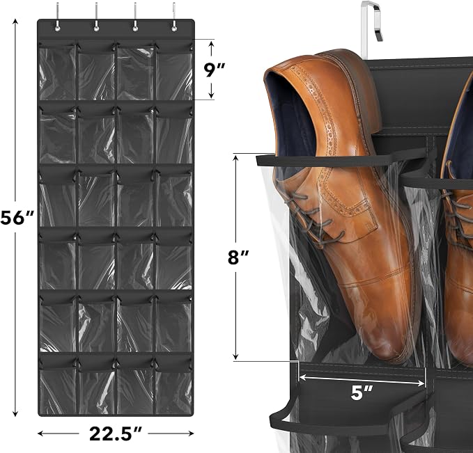 Simple Houseware 24 Pockets Large Clear Over Door Shoe Organizer, Dark Gray | 56" x 22.5", 4 Durable Metal Hooks, 5" x 9" Pocket Size, Multipurpose - Image 3