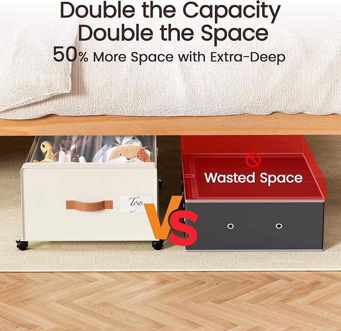 Yecaye 95L Under Bed Storage Containers, Fits 11" Under Bed, 2 Pack, Beige | XXL Capacity, 360° Rolling Wheels, Sturdy Metal Frame, Clear Window & Label, Storage Bins for Clothes, Shoes, Blankets - Image 4
