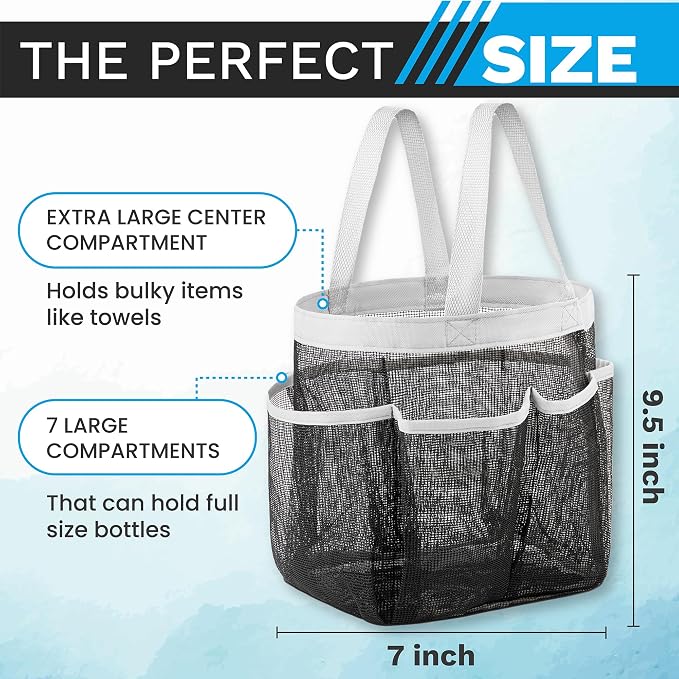 Handy Laundry Mesh Shower Caddy Portable for College Dorm Room Essentials, 7 Pocket Hanging Tote, Quick Dry Lightweight Toiletry Organizer, Reinforced Handles for Gym, Beach, Travel, Camping (Black) - Image 3