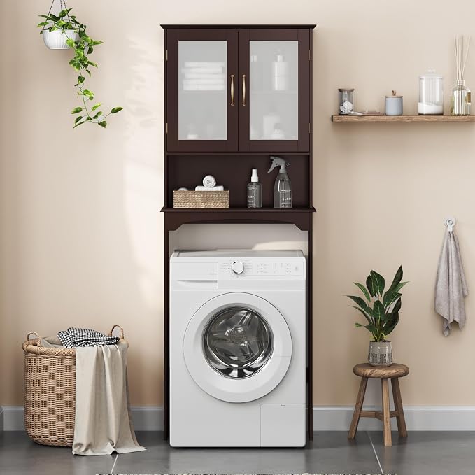 Yaheetech Over the Toilet Storage Cabinet with Glass Doors, Espresso - Image 2