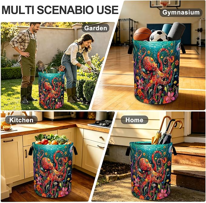 Octopus Flower Laundry Basket Foldable Laundry Hamper With Handles Clothes Storage Bucket Organizer Laundry Bag For Bedroom Bathroom Laundry Storage 19.6 x 15.7 - Image 8