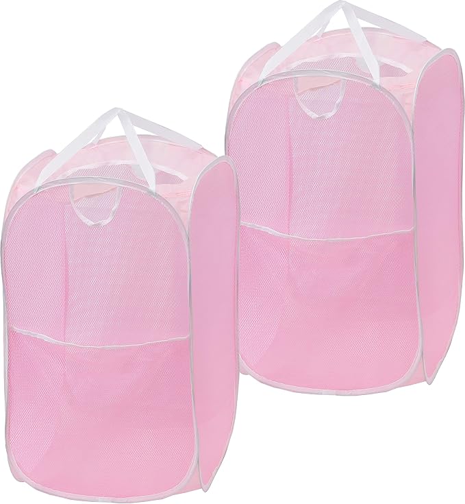 Simple Houseware Mesh Pop-Up Laundry Hamper with Side Pocket, 2 Pack, Pink - Image 2