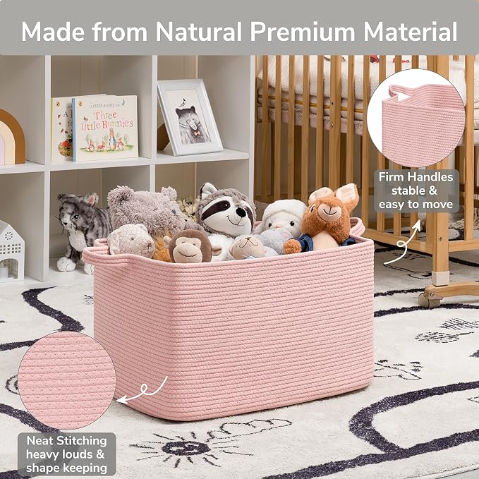 Goodpick Large Woven Rope Blanket Basket, Rectangle, Pink, 75L - Image 6