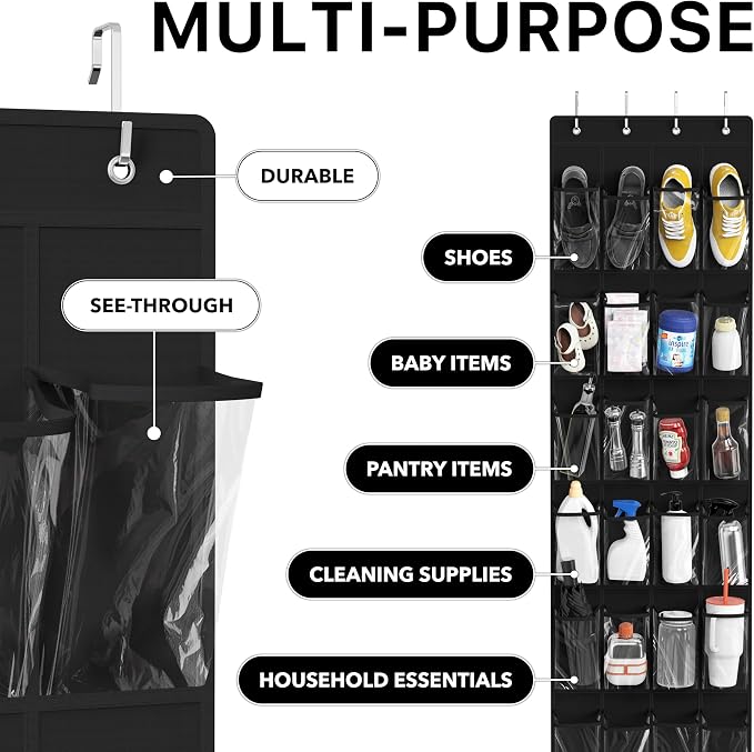 Simple Houseware 24 Pockets Clear Over the Door Shoe Organizer, Black | 64" x 19", 4 Durable Metal Hooks, 4.3" x 9.5" Pocket Size, Multipurpose - Image 5