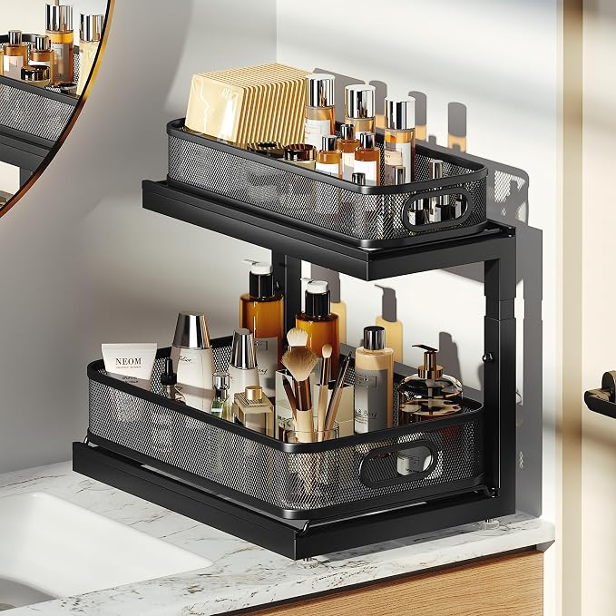 2-Pack Under Sink Storage Organizer with 2-Tier Slide Out Drawer, Sophisticated Mesh Pull Out Shelf for Kitchen & Bathroom, Fits Small Items, Upgraded Arched Track for Smooth Gliding(Patented) - Image 7