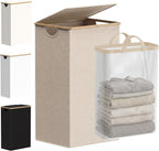 efluky 26 Gal Laundry Basket with Lid and Net Bag, Tall Laundry Hamper with Bamboo Handles, Aesthetic Dirty Clothes Bin for Laundry Room, Bathroom, Bedroom and Dorm, Oatmeal by efluky