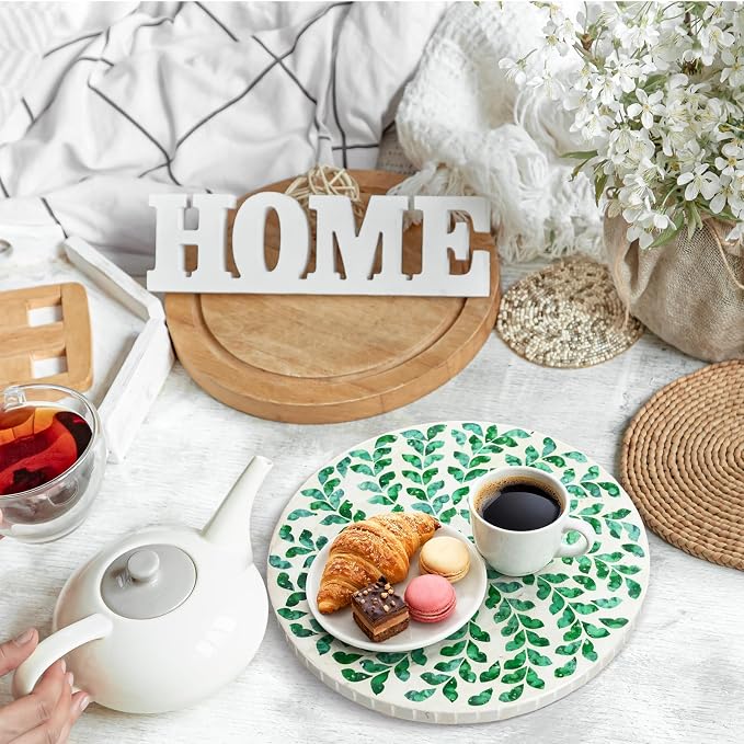 Reallnaive Mother of Pearl Lazy Susan for Table Turntable Organizer Marble Patterned Lazy Susan Wood Spinning Tray Rotating for Kitchen Cabinet Spice Pantry 12 Inch(Round,Green Grass) - Image 4