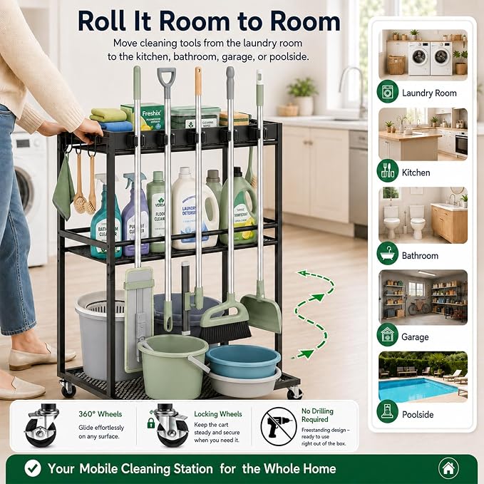 Cleaning Supplies Organizer Cart with Wheels, Broom and Mop Holder with 5 Grippers, 6 Hooks, 3 Shelves, Rolling Broom Closet Storage Rack for Laundry Room, Kitchen, Bathroom, Garage, Poolside - Image 5
