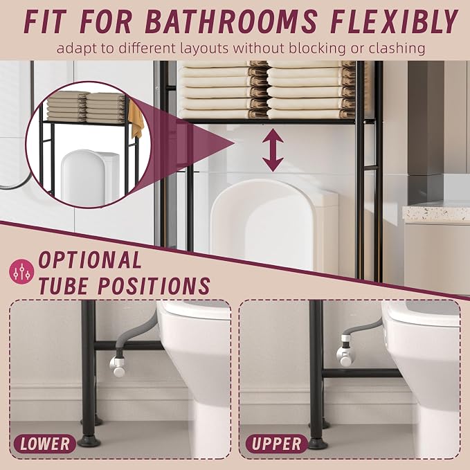 3-Tier Over The Toilet Storage Cabinet with Paper Holder and 4 Hooks, Metal Over Toilet Bathroom Organizer and Storage Shelf, Bathroom Shelves for Living Room/Laundry/Balcony(Black) - Image 6