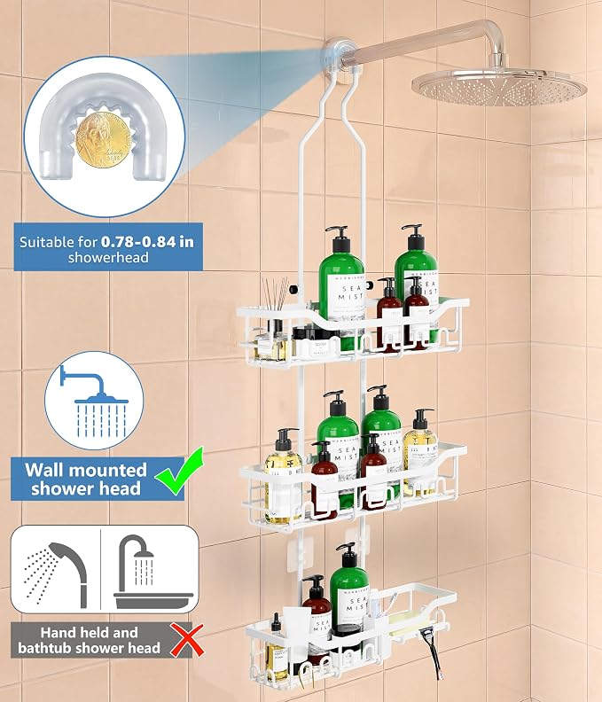 Adjustable Shower Caddy Hanging, Extended Length Organizer Over Shower Head, 3 Tier Long Neck Shower Rack with Soap Holder for Large Storage, White - Image 5