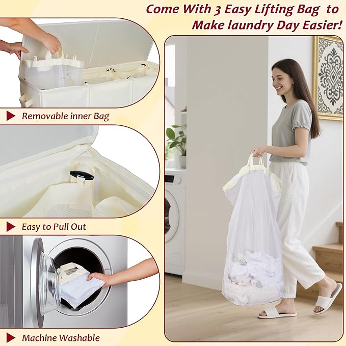 195L Laundry Hamper 3 Section,Large Laundry Hamper with Lid,Dirty Clothes Hamper with 3 Inner Bags,Collapsible Laundry Basket Organizer for Laundry Room,Bedroom,Laundry Sorter Hamper 3 Compartment - Image 6