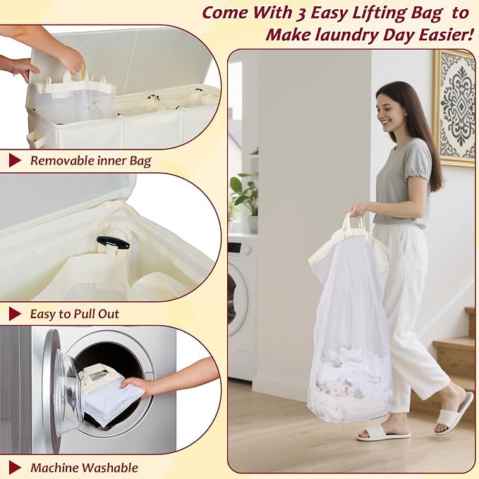 175L Laundry Hamper 3 Section,Large Laundry Hamper with Lid,Dirty Clothes Hamper with 3 Inner Bags,Collapsible Laundry Basket Organizer for Laundry Room,Bedroom,Laundry Sorter Hamper 3 Compartment - Image 6