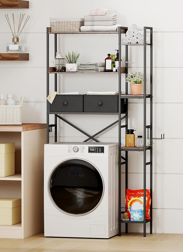 Over The Toilet Storage Rack, 7-Tier Over Toilet Bathroom Organizer with Adjustable Shelf, Above Toilet Storage with Hooks, Space-Saving, Brown Shelf - Image 9