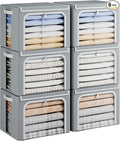 Yecaye Stackable Clothes Storage Bins with Lid, Grey, 40L, 6 Pack | Metal Frame, Foldable, Clear Window & Zippers & PU Leather Handles by Yecaye