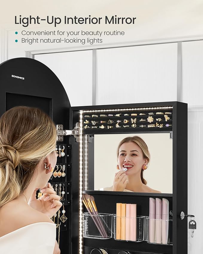 SONGMICS Wide Jewelry Organizer, Wall/Door Mounted, LED Cabinet, Lockable - Image 6