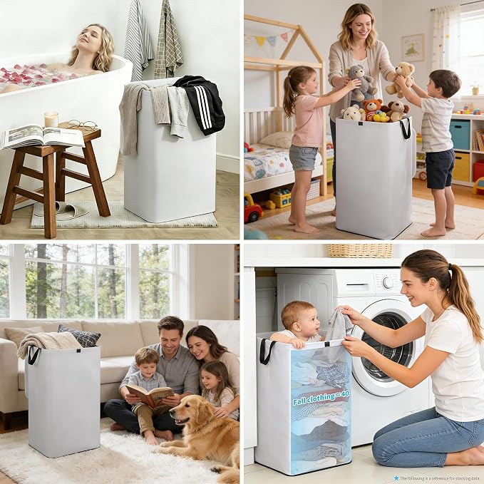 80L Large Laundry Hamper with Lid, Foldable Laundry Bag for Washing Machine with Removable Inner Bag, Dirty Hampers for Bedroom, Bathroom,Laundry Room, College (White) - Image 3