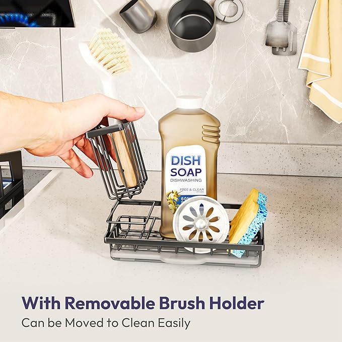 SWTYMIKI Sink Caddy Sponge Holder - Kitchen Sink Organizer with High Brush Holder for Countertop to Hold Dish Soaps and Sponges, Stainless Steel, Black (Pack of 2) - Image 4