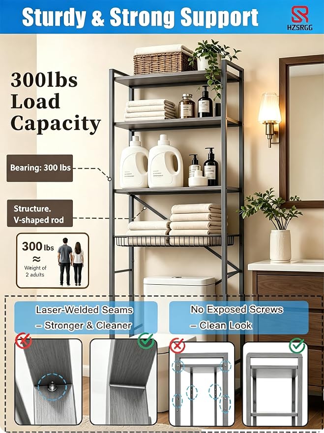 Easy Installation Over The Toilet Storage Cabinet, 4-Tier 3-Screw Quick Install Bathroom Organizer, No Handyman Required, Laser Welding, eco-Friendly Paint Coating.(Grey) - Image 6