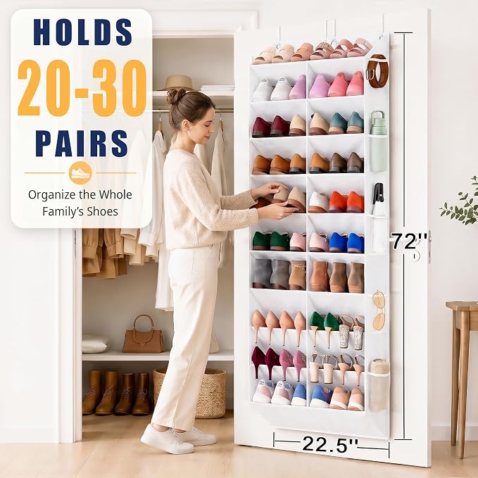 UVIAHOMI 20-30 Pairs Over the Door Shoe Organizer with Side Mesh Pockets, 10-Tier Hanging Shoe Storage for Closet, Breathable Door Shoe Rack Holds Sneakers, Boots, Heels & Daily Essentials, White - Image 2