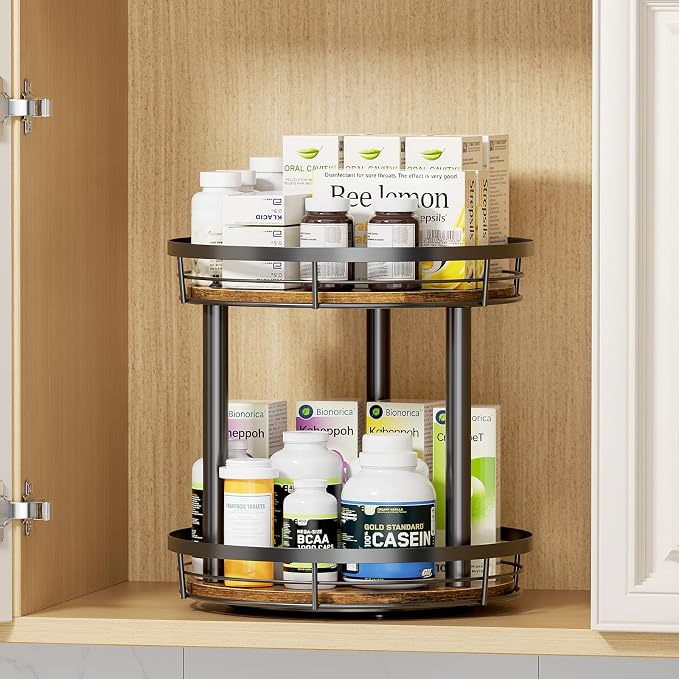 LAMU 10'' Wood Lazy Susan Spice Rack Organizer, 2 Tier Spice Organization for Cabinet, Countertop, Kitchen, Table Top, Pantry, Condiment and Seasoning Rack Organizer - Image 5