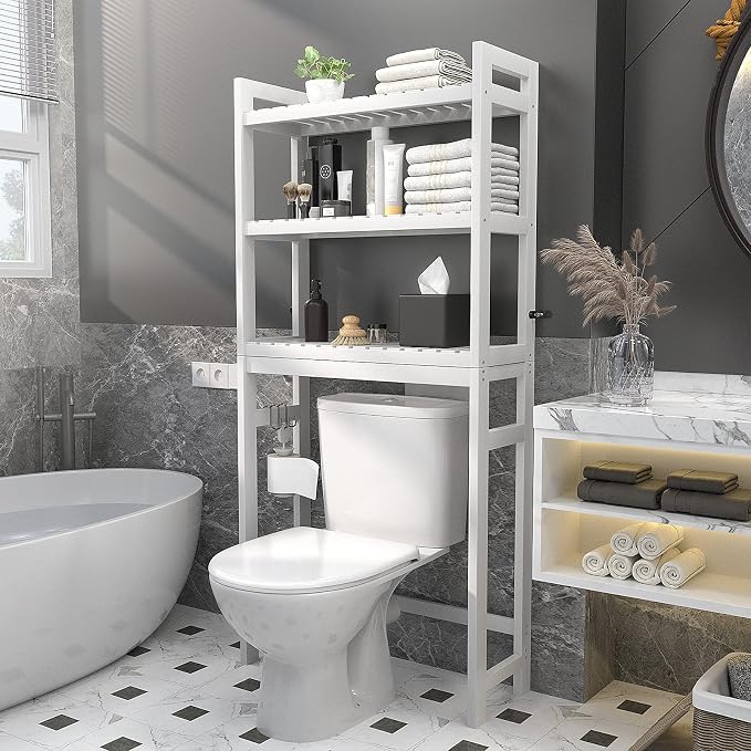 Homykic Over The Toilet Storage, 3-Tier Bamboo Bathroom Shelf, White - Image 2