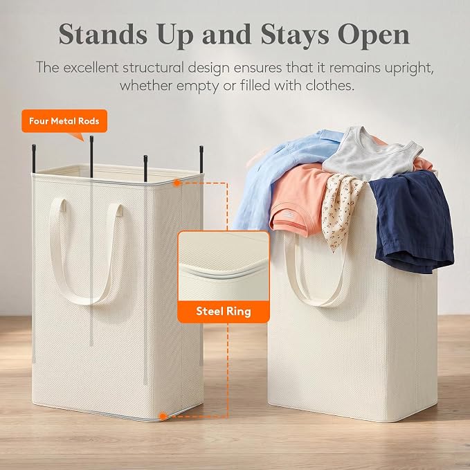 Lifewit Slim Collapsible Laundry Basket with Handles, 50L, Ivory - Image 2