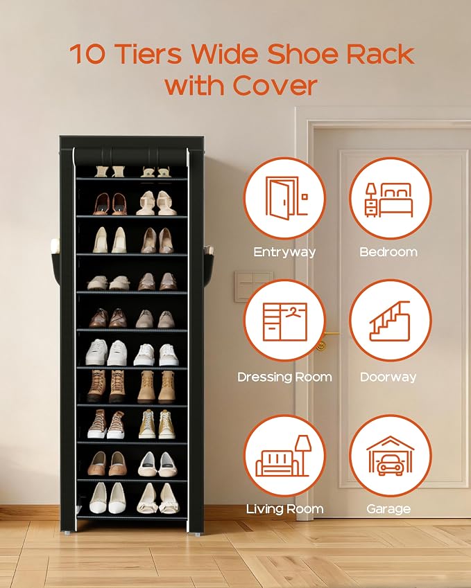 CASAMAYA Shoe Rack with Covers, 10 Tiers Tall Shoe Rack Organizer, Large Capacity Shoe Shelf Storage, Hold 20 Pairs of Shoes, Vertical Shoe Storage Organizer for Closet, Entryway, Black, SRT102B01 - Image 3