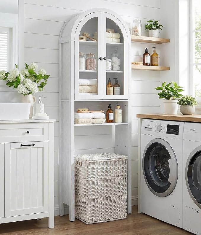 Arched Over The Toilet Storage Cabinet with Acrylic Doors, 4 Tier Small Bathroom Shelf Organizer, Arched Bathroom Cabinet with Adjustable Shelf, Slim Narrow Toilet Rack, Wood, White - Image 4