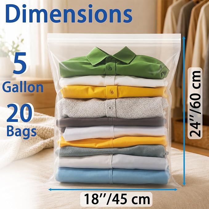 Extra Large 5 Gallon Zippered Plastic Bags for Storage- 18'' x 24'', Ideal for Clothes Clothing, Travel, Moving, 2-mil Thick Clear Plastic, 20 pack - Image 2
