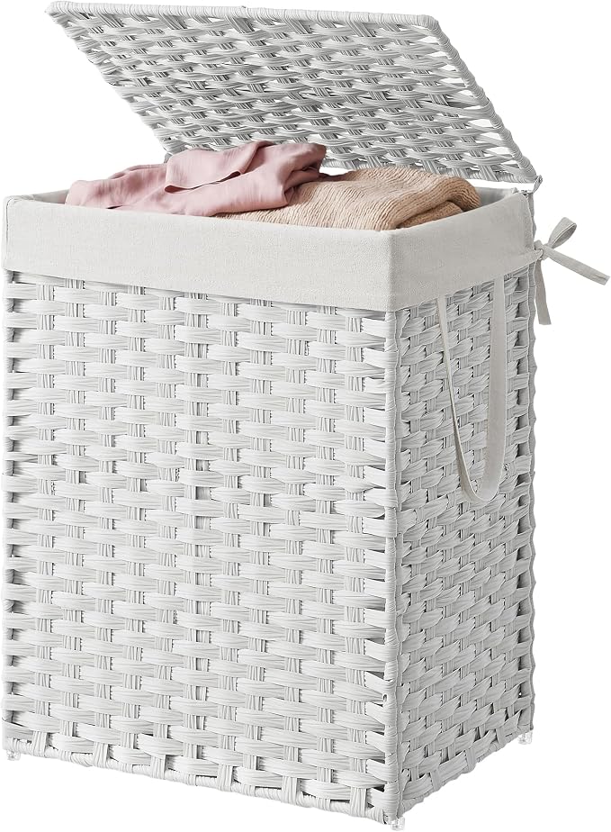 SONGMICS HOME Laundry Hamper with Lid, Clothes Basket with Removable Liner and Handles, 23.8 Gallon, Foldable Narrow Laundry Organizer for Bathroom, Bedroom, White by SONGMICSHOME