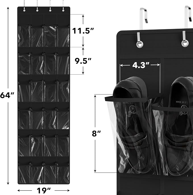 Simple Houseware 24 Pockets Clear Over the Door Shoe Organizer, Black | 64" x 19", 4 Durable Metal Hooks, 4.3" x 9.5" Pocket Size, Multipurpose - Image 2
