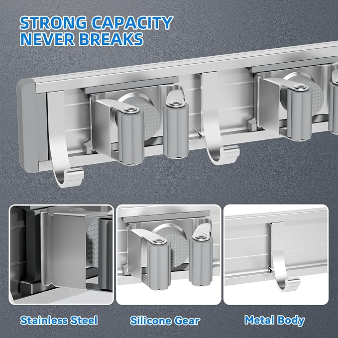 reliahom Broom Holder Wall Mount Mop Hanger Tools organizer 4Racks 5Hooks - Image 2