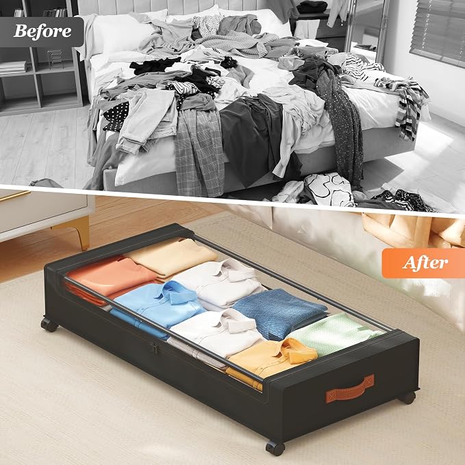 Yecaye 70 L Under Bed Storage with Wheels, 3 Pack Larger Capacity Under Bed Storage Containers, Underbed Shoe Storage Organizer, Rolling Under Bed Metal Drawers for Clothes, Blankets, Black - Image 8