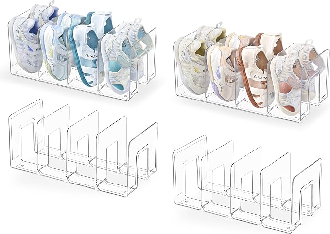 HBlife Clear Acrylic Kids Shoe Rack for Closet Organizers and Storage, Small Shoe Rack 4 Sections Toddler Baby Shoe Storage Organizer Stackable Shoe Shelf,Desk File Sorter Book Purse Organizer(4 Pack) by HBlife
