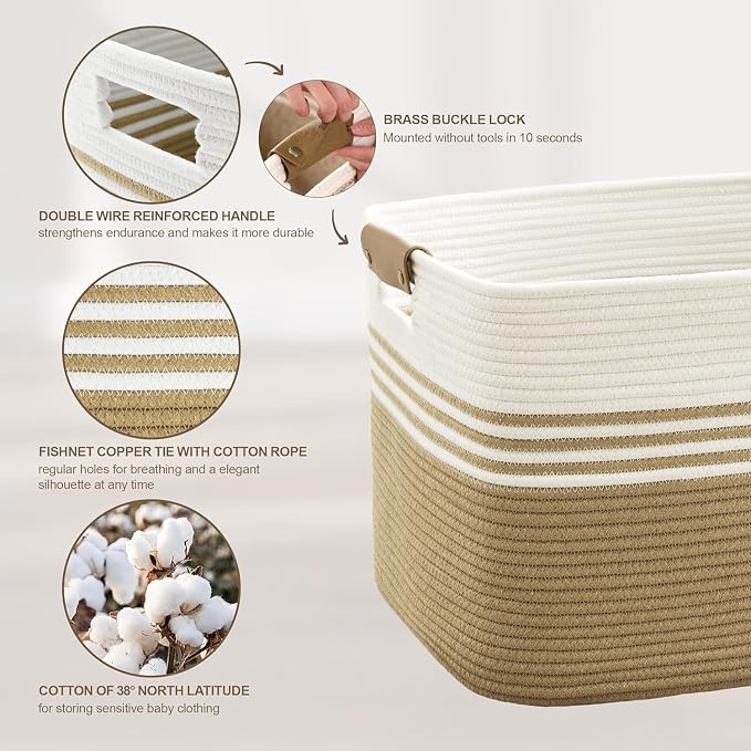 45L Small Woven Laundry Basket Hamper with Leather Handles,Khaki - Image 5