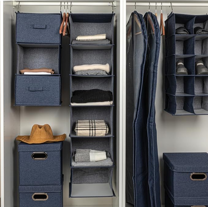 Household Essentials Hanging Cotton Blend Closet Organizer with 6 Storage Shelves, Denim - Image 4