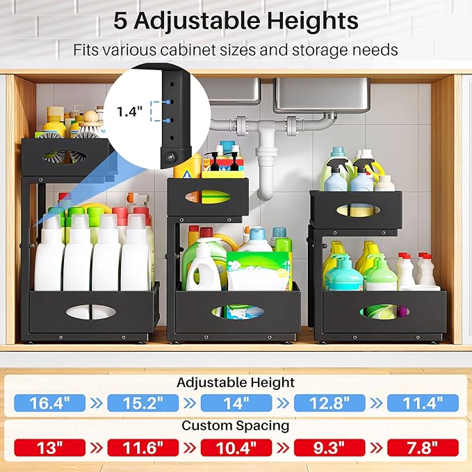 Under Sink Organizer, 2 Tier Pull Out Under Cabinet Organizer Shelf with Pad for Framed Cabinets, Metal Slide Out Under Sink Storage, Mesh Sliding Drawers for Kitchen Bathroom Laundry(Black, 1 Pack) - Image 6